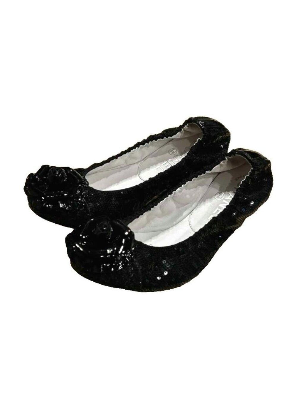 Chanel Camellia Flat Shoes Pumps Sequins Black
